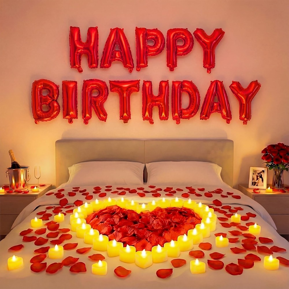 Happy Birthday Balloons Set with 24 LED Candles & 2000 Rose Petals – Party Decor