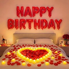 Happy Birthday Balloons Set with 24 LED Candles & 2000 Rose Petals – Party Decor