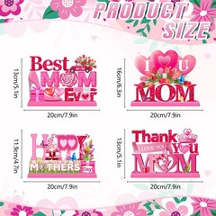 4 PCS Mother’s Day Decorations Wood Table Centerpieces Pink I Love U Mom