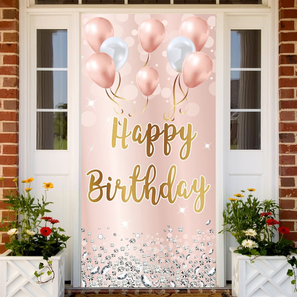 Pink Rose Gold Happy Birthday Door Banner Backdrop One Size,
