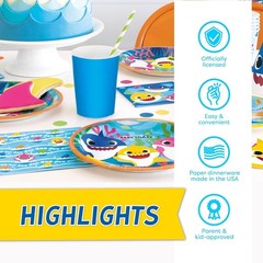 Baby Shark Disposable Birthday Party Plates, Napkins, Sticker (Serves 16 Guests)