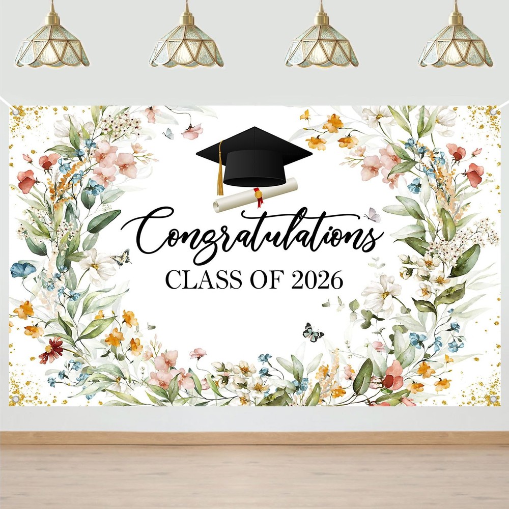 Wildflower Graduation Backdrop Watercolor Floral Class of 2026 Graduation Decora