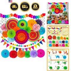 35PCS Fiesta Paper Fan Party Decorations Set – Cinco De Mayo Pom Poms,Pre-ass…