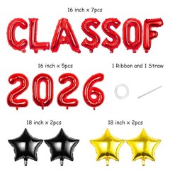 Graduation Balloons 16 Inch Red Foil & 5pcs Gold Number Set for 2025/2026