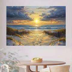 1pc Beach Sunset Scene Backdrop Banner -Wooden Fence & Sandy Path Coastal Decor◐