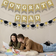 Congrats Grad Banner Graduation Party Decorations Class of 2025 Red Glitter blue