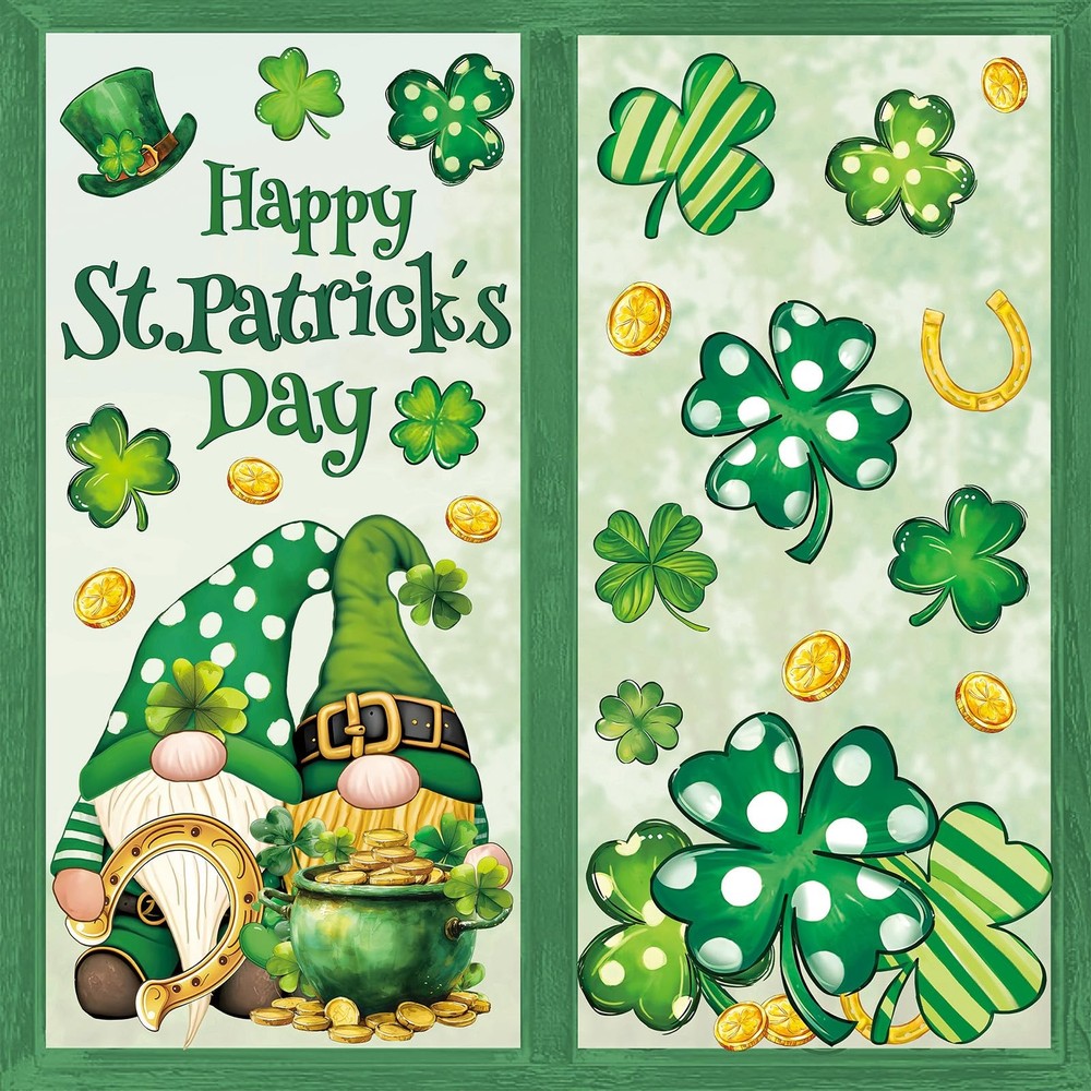 6 Sheet St. Patrick’s Day Window Clings Green Shamrock Gnome Gold Coins Reusab