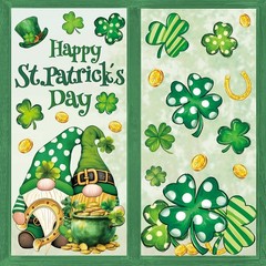 6 Sheet St. Patrick’s Day Window Clings Green Shamrock Gnome Gold Coins Reusab