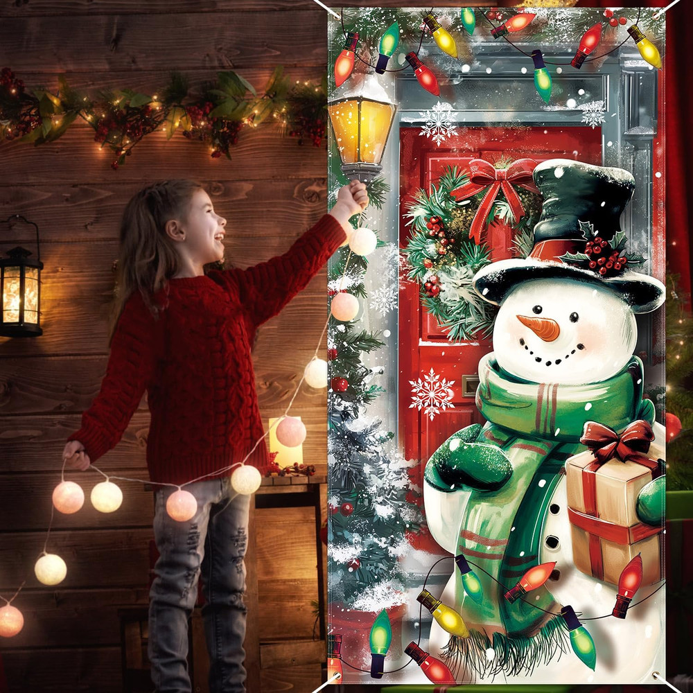 Christmas Snowman Door Cover,Colorful Christmas Front Door Banner Backdrop Xmas
