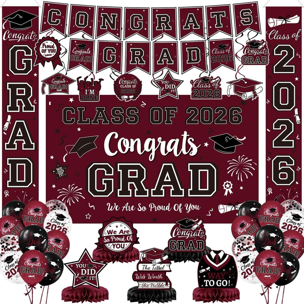 Maroon Themed Graduation Decorations Class of 2025 – Congrats Grad Banner & Back