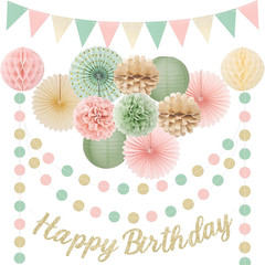Sage Green Pink Birthday Party Decorations Set Banner Fans Garland Kit