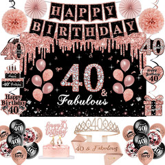 40Th Birthday Decorations for Women,52Pcs PRE-STRUNG Rose Gold Black Party Set-4