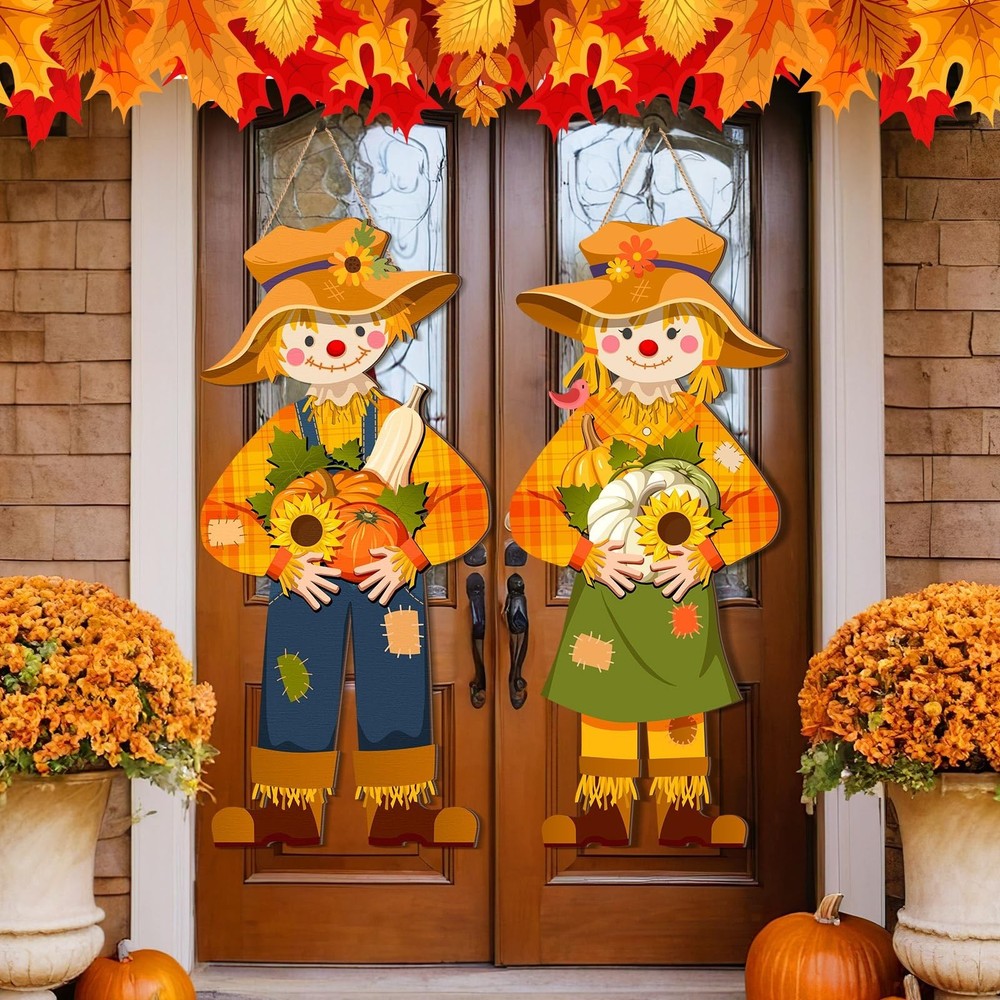 Shellwei 2 Pcs Thanksgiving Scarecrow Door Decor Fall Porch Sign Decoration F…