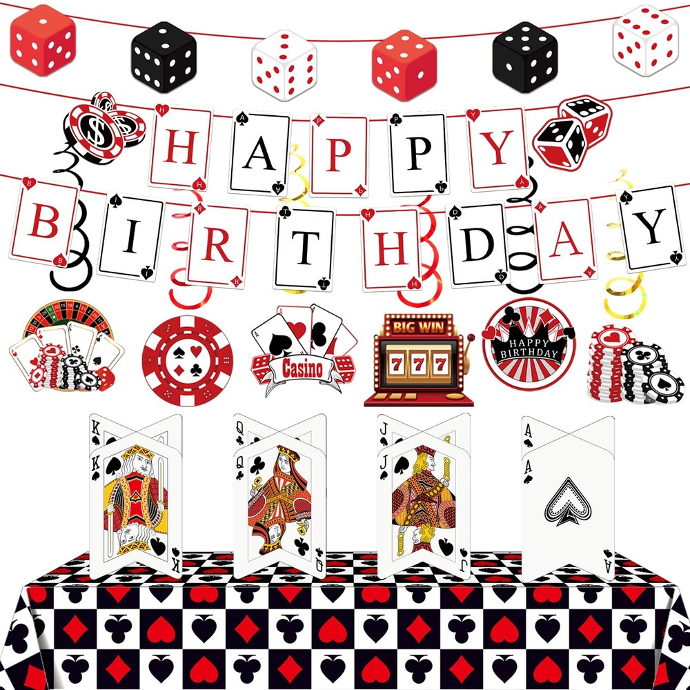 Casino Poker Party Decorations Set, Banner, Tablecloth, Centerpieces and Hang…