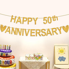 Happy 50Th Anniversary Banner, Gold Glitter 50Th Wedding Anniversary 50 Years Lo
