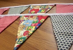 Teddy Bear Print Red, Blue, Yellow, Fabric Party Banner, Cotton, 5 ft long