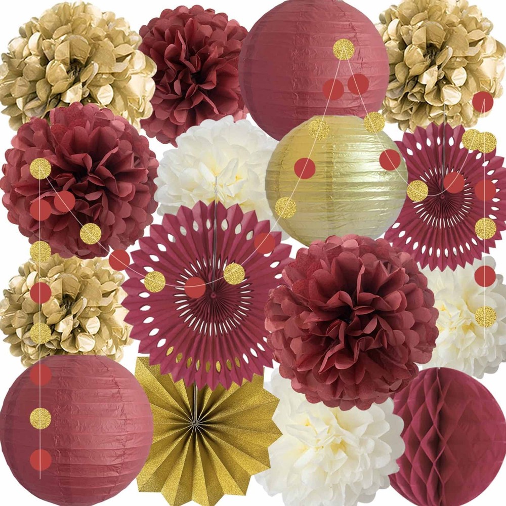 Burgundy Gold Party Decorations Maroon Dark Red Paper Fans Lanterns Pom