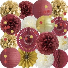 Burgundy Gold Party Decorations Maroon Dark Red Paper Fans Lanterns Pom