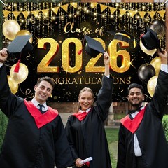 Graduation Backdrop Black and Gold Congratulations Class of 2026 Banner 2026 Gra