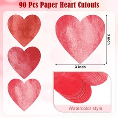 90 PCS Paper Heart Cutouts Valentine Red Shaped Board Watercolor Confetti
