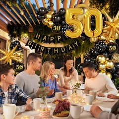 Vicduotex 114pcs 50th Birthday Decorations for Men, Black & Gold Balloons, Ba…