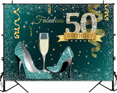 Teal Gold Happy 50Th Birthday Backdrop Glitter Silver Dots High Heels Champagne