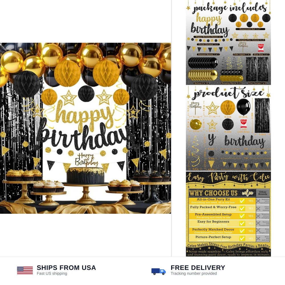 Black and Gold Birthday Party Decorations Set – Happy Birthday Banner Balloon…