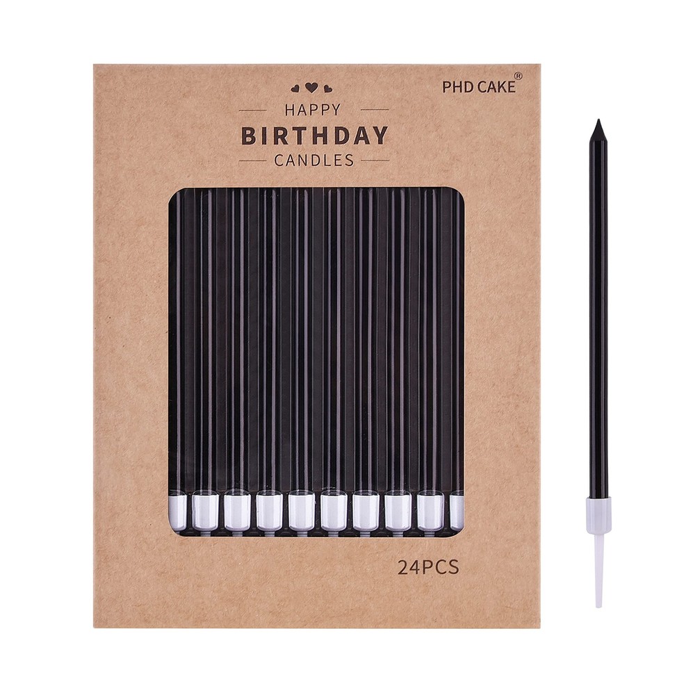PHD CAKE Black Long Thin Birthday Candles, Cake 24 count,