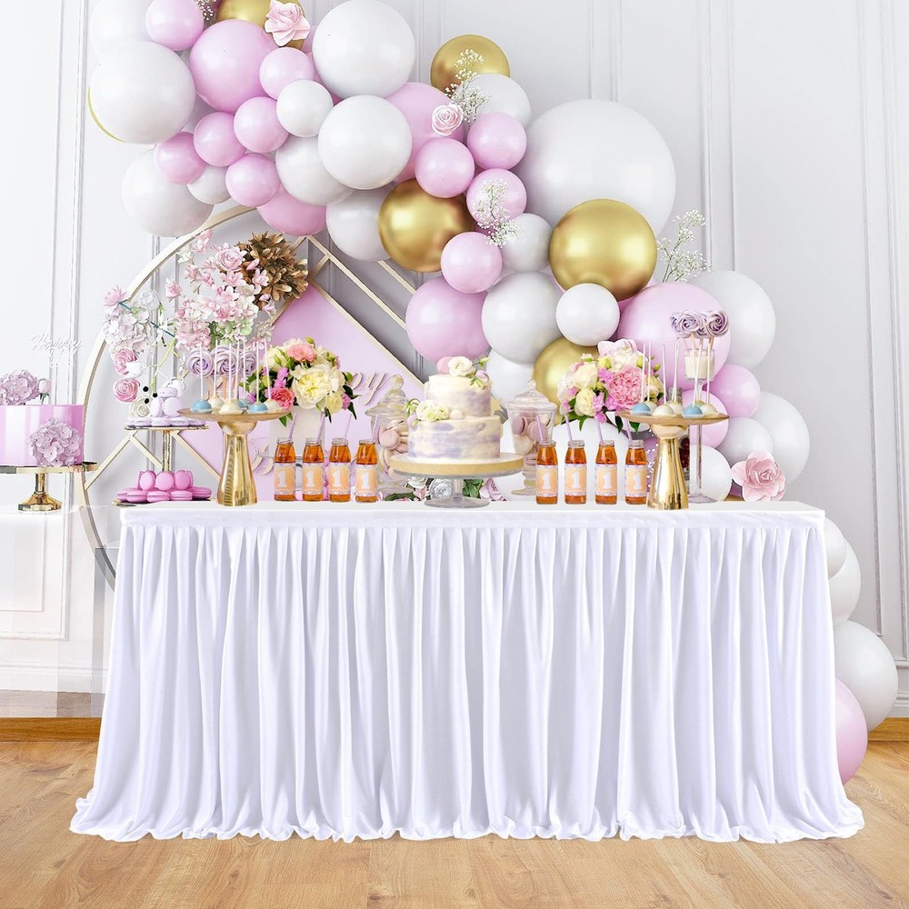 White 4ft Table Skirts for Rectangle Tables, Pleated Tablecloth for Christmas…
