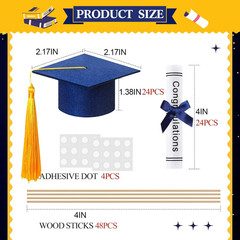 Mini Graduation Cap Decorations – 48 Pcs Blue Felt with Gold Tassel & Diploma