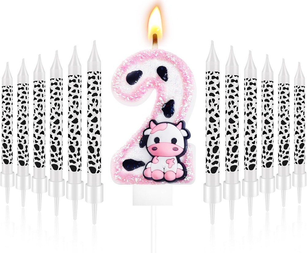 13 Pcs Cow Themed Birthday Candles – 0 to 9 Pink Number 2,