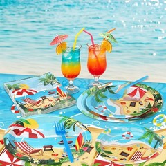 Complete 122PCS Summer Tableware Set: Tropical Plates, Forks & Tablecloth for 30