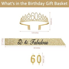 60th Birthday Decorations for Women Gold with Sash and Tiara,