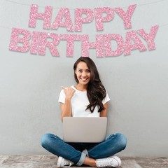Happy Birthday Banner – Pre-Strung No DIY Birthday Decorations – Happy pink