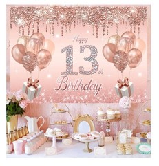 13th Birthday Rose Gold Party Decoration Set Banner Backdrop Balloons Sash Tiara