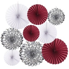 9 PCS Burgundy Crimson White Silver Paper Streamers Flower Fans Backdrop