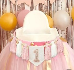 1st Birthday Glitter Banner Bead Tassel Garland High-Chair Decor Pink White
