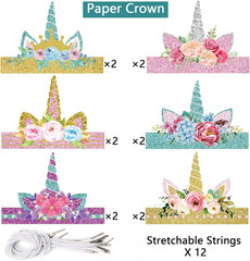 Chiazllta 12 Pieces Unicorn Birthday Party Hats Unicorn Paper Party Crown Headba