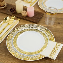 FOCUSLINE 350 Ct Gold Dinnerware Set for 50 Guests, Gold Lace Plastic Plates …