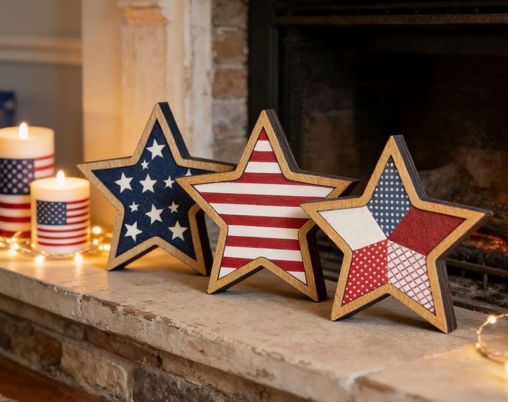 Japceit 3Pcs 4Th Of July Decorations Wooden Stars,Red White Blue