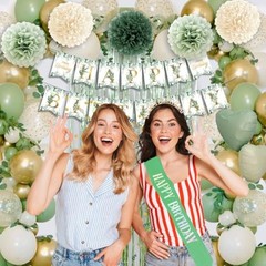 Birthday Decorations Set Party Decoration with Balloons, Banner, Pom Sage Green