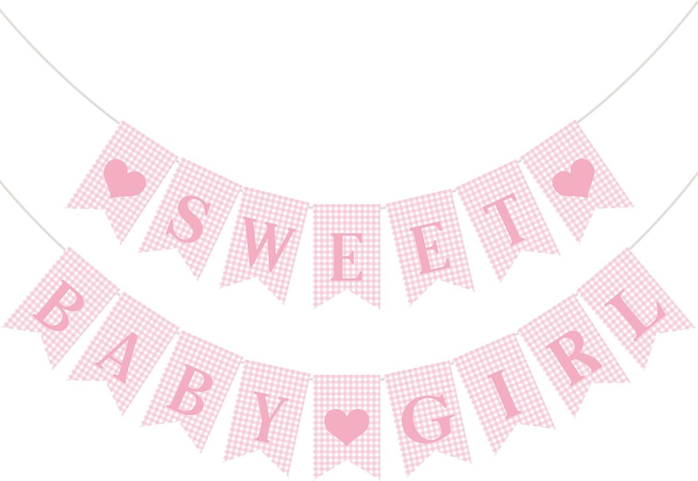 2 Pcs Pre Strung Pink Gingham Sweet Baby Girl Banner Pink Girl Baby Shower Banne