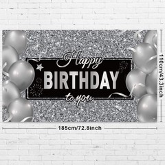 Sumind Happy Birthday Banner Black Silver– Party Backdrop for Photo 72.8″x43.3″