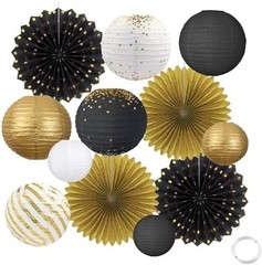 Black and Gold Party Decorations Set with Hanging Paper Lanterns Fans for Gra…