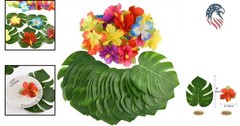 60 Pcs Tropical Party Decorations Leaves Flowers for Hawaiian Luau Jungle Bea…