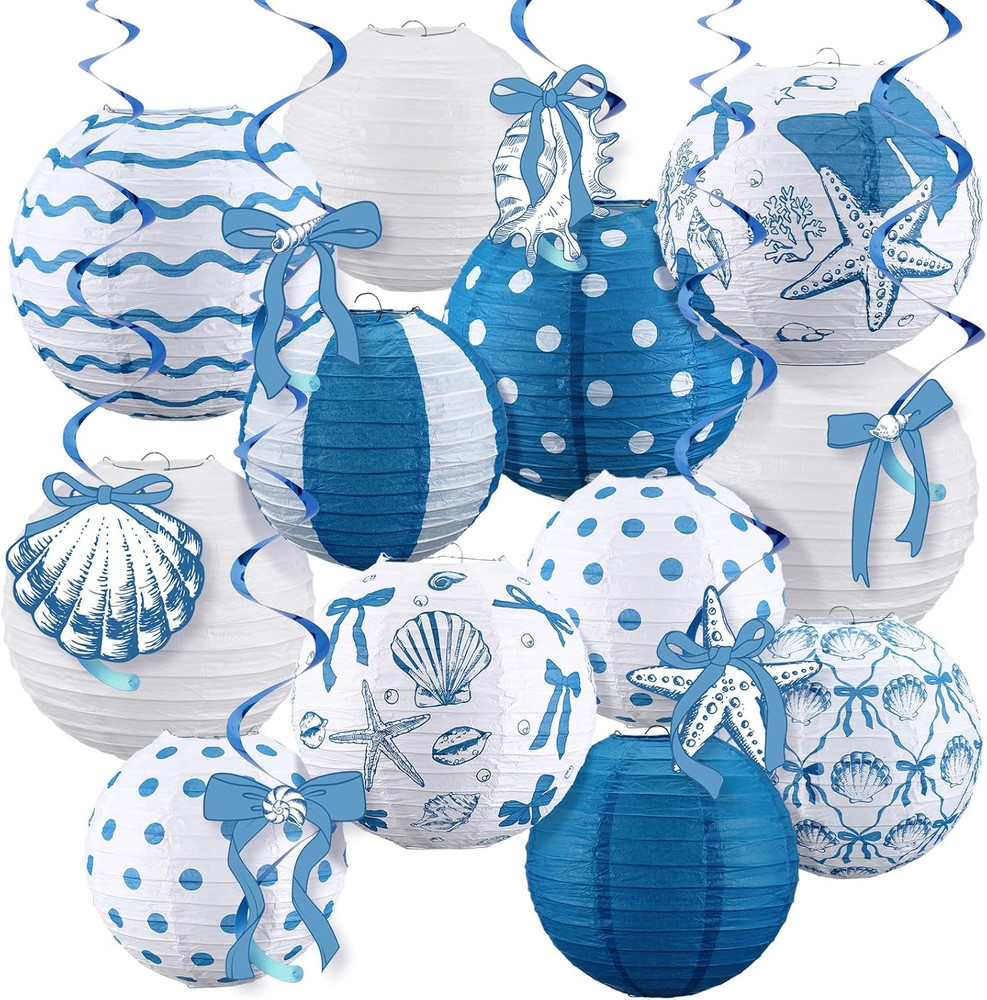 18 Pcs Summer Party Decorations Set Coastal Beach Seashell Paper Lanterns Blue B
