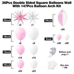 36pcs Pink and White Square Foil Balloons Wall Backdrop with 147pcs Balloon G…