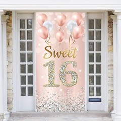Sweet 16 Birthday Decorations Door Banner for Girls, Pink Rose Gold Happy 16t…