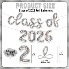 Class of 2026 Graduation Balloons, Silver Foil Graduation Party Decorations, 16-