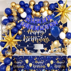 Blue and Gold Birthday Decorations, Blue Gold White Foil Balloons Happy Birth…